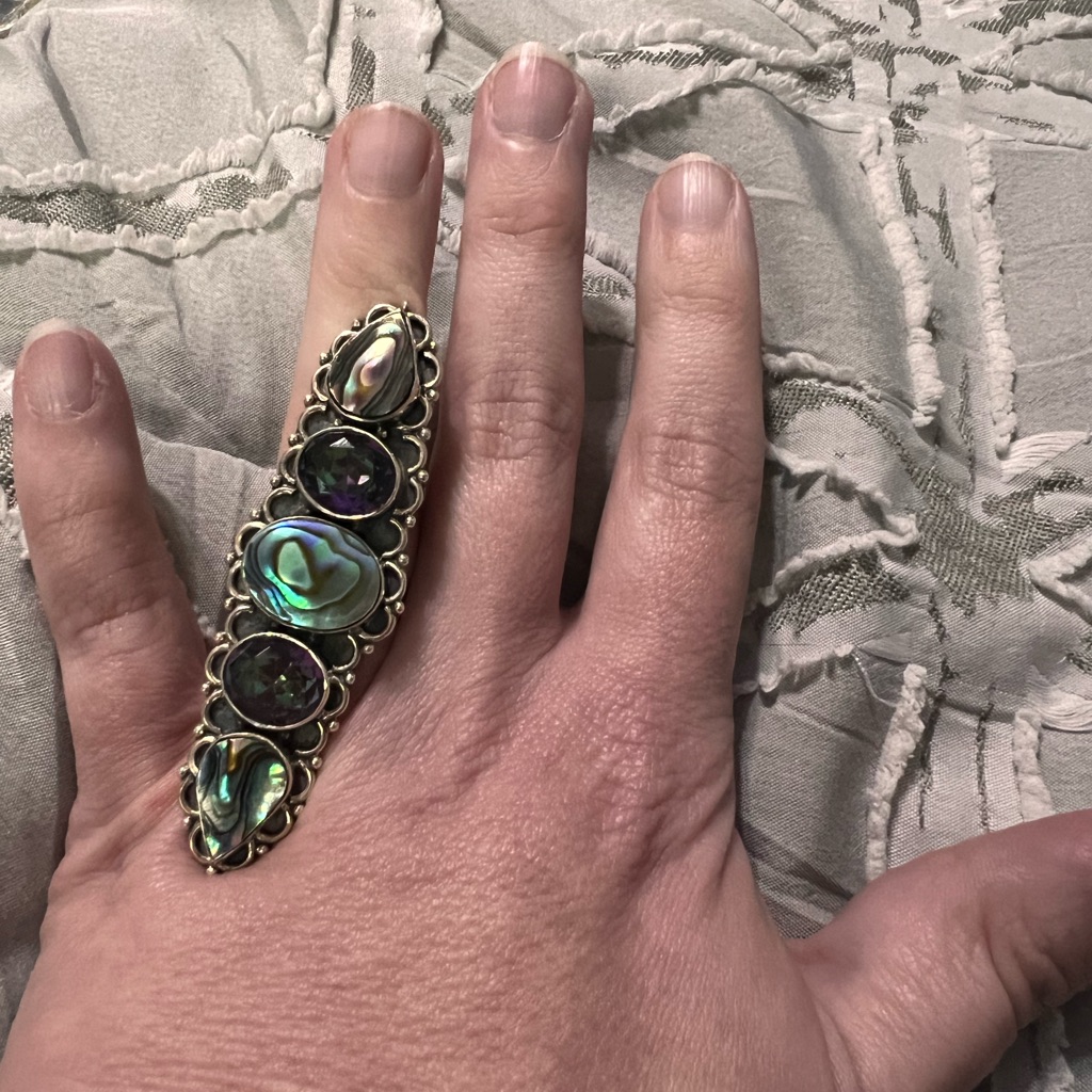 Sterling Silver Abalone And Mystic Quartz Crawler Adjustable Ring